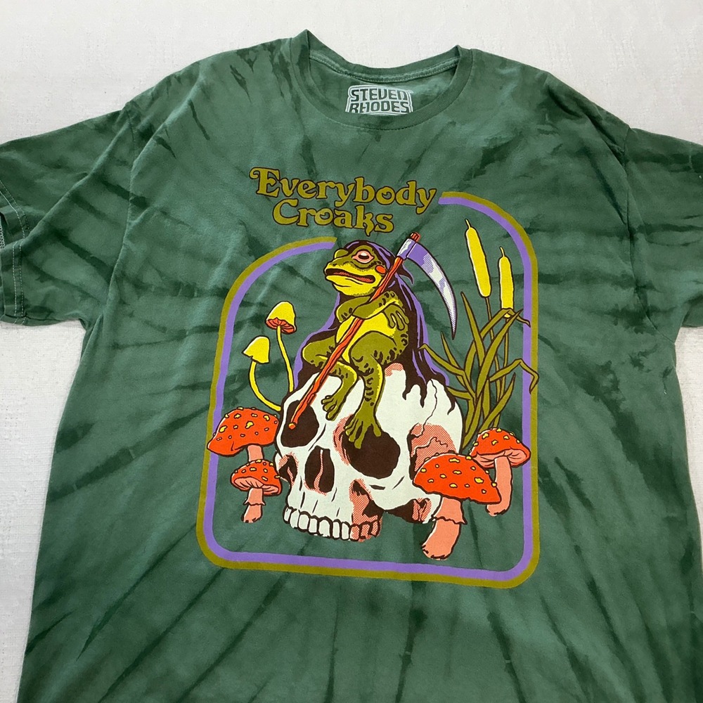 Steven Rhodes Everybody Croaks Green Tie Dye Graphic T Shirt Mens L Frog Skull